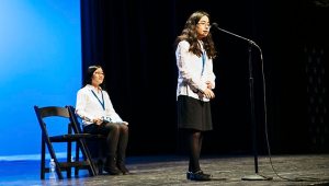 Mizoguchi in one of the tense final moments of the Spelling Bee. Photo by Dan Wright