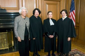 From left to right:  Justice Sandra Day O’Connor, (Ret.), Justice Sonia Sotomayor, Justice Ruth Bader Ginsburg & Justice Elena Kagan in the Justices’ Conference Room prior to Justice Kagan’s Investiture.