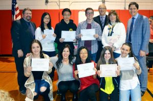 Top row, from left: Mr. Gessner, Sydney Chen, Darren Tunn, Ryan Smith, Mr. Salzman, Perri Mekalainas, Dr. Durante Bottom row, from left: Brooke Lewitas, Ellen Fielding,So Jin Shin, Ashley Monroe, Rebecca Ostrager