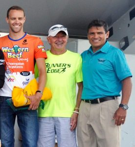 Coach Jose Lopez (right), Bob Cook of the Runner’s Edge (center) and 2015 Runner’s Edge-TOBAY Triathlon Overall winner Tom Eickelberg urge everyone to participate in the clinic.