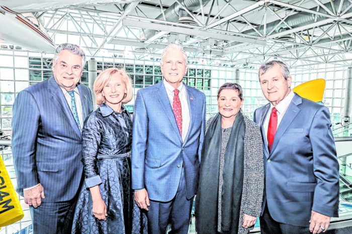 Gathering at the swearing-in were, from left, former Congressman Peter King, County Comptroller Elaine Phillips, County Executive Bruce Blakeman, Clerk Maureen O’Connell and Nassau County Republican Chairman Joe Cairo.(Office of County Executive)