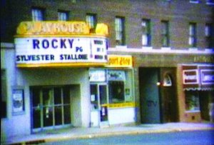 The Playhouse Theatre movie marquee, around 1976, advertises that Rocky was playing.