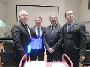 Promoting environmental harmony (l. to r.) Jordanian director Monqeth Mehyar, Port resident and international board member Rick Grove, Palestinian director Nadar al-Khateeb and Israeli director Gidon Bromberg