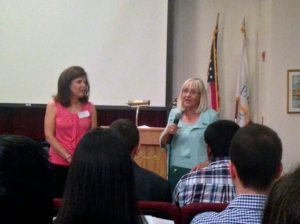 Town Supervisor Judi Bosworth presents a Proclamation from the Town of North Hempstead to Laura Weinberg, president of GNBCC, to honor the 10th Anniversary of the Students & Scientists Breast Cancer/Environment Research Program.