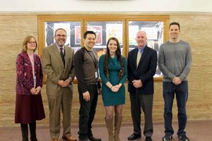 From left: Superintendent of Schools Dr. Kathleen Mooney, Schreiber High School Principal Ira Pernick, Assistant Principal Dr. Bradley Fitzgerald, Intel Science Talent Search competition semifinalist Caitlin Ferris, social science research teacher Dr. David O’Connor and Social Studies Department Chairman Lawrence Schultz 