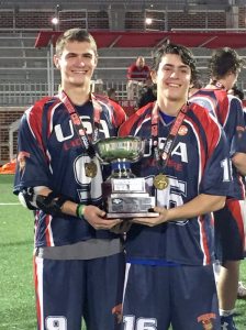 Lacrosse champs John Neil (left) and Luke Cummings holding the Brogden Cup 