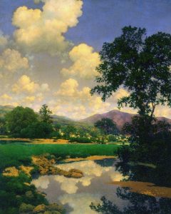 Maxfield Parrish (1870-1966), June Skies, 1940, oil on panel, 23" x 18½",  signed and dated lower right, Brown & Bigelow calendar, 1943,  © copyright 2015 National Museum of American Illustration, Newport, RI.  (Photos courtesy Archives of American Illustrators Gallery, New York, NY)