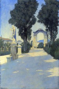 Maxfield Parrish (1870-1966), Villa Scassi: Genoa, 1903, oil on paper, 16" x 11", initialed lower left, “Italian Villas and Their Gardens,” by Edith Wharton, Century Magazine, October 1904, p. 173, and Italian Villas and Their Gardens, by Edith Wharton, The Century Company, New York, 1904, © copyright 2015 National Museum of American Illustration, Newport, RI. 