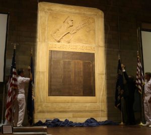 MerchantMarineHomecomingB The half relief called The Last Full Measure honoring the 142 Cadet Midshipmen lost during World War II is unveiled at USMMA last week 1024x915 1