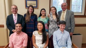 Pictured here are Matthew Alonso, Nicole Chee, Brooke DiGia, Alyssa Sanders,  Alexander Schwartz and Jenna Tisher with Principal Dr. Dean Schlanger and  Superintendent Charles Cardillo