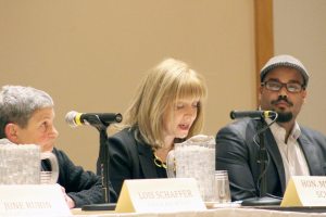 From left: Lois Schaffer, Michelle Schimel and Aaron Watkins-Lopez, moderator. 