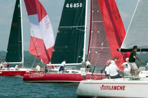 Start of Div. I at the 2015 PWYC Charity Cup Regatta.  L to R: Morning Glory, Dr. Carl Olsson, Leverage, Arthur H. Buhr, III, PWYC, and Avalanche, Al and Craig Albrecht, PWYC.