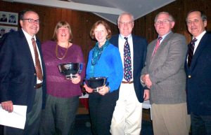 Past MBYC Commodore Sue Miller and John Browning won the Sonar Overall Season Championship, plus first in both the Saturday and Sunday Series. From left: Bill McCollum, Sue Miller, Stephanie Baas, John Browning, George Huntington and Dana Schnipper. Baas also came in first in the crew race. (Photo by Bill Palafox)