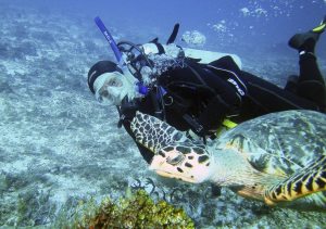 Paul Mila swimming with a hawksbill turtle in Cozumel, Mexico.  (Photo by Alison Dennis)