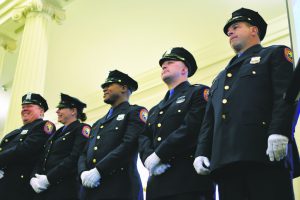 The officers receiving citations were, from left: James Sanford, Katy Calender, Darnell White, Andrew Mirenda and Matthew Fusaro. (Photos by Frank Rizzo)