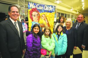 Last year’s Recycled Artwork Show at the Yes We Can Community Center. From left, Receiver of Taxes Charles Berman, Councilwoman Lee Seeman, Supervisor Judi Bosworth and Councilman Peter Zuckerman with some deserving winners.