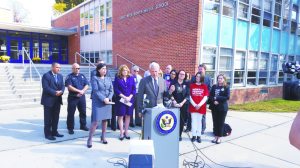 Congressman Steve Israel (center), Acting District Attorney Madeline Singas, Superintendent of Great Neck Schools Teresa Prendergast, Janina Bandi, chapter leader for Moms Demand Action for Gun Sense in America, and Assemblywoman Michelle Schimel spoke about new federal gun legislation at Great Neck South Middle School.