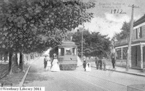 People board a trolley in Westbury in 1912.  (Photos courtesy of the Westbury Memorial Public Library). 