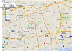 A map of spots hit by tire and rim robberies. Photo courtesy of NCPD