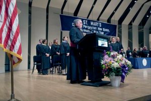 Msgr. John J. McCann annually presided over St. Mary’s High School commencement by presenting the invocation and blessing of the graduates. Msgr. McCann had the unique opportunity to serve as pastor as a member of the Class of 1957.