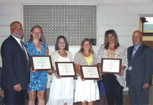 Assistant Superintendent for Personnel and Administration John Capozzi (left) is pictured with 25-year award recipients (from left): Kathryn Bruchhauser, Carol Arnold, Elizabeth Rossi and Diane DeLuca. Superintendent of Schools Dr. Ralph Ferrie is also pictured. 