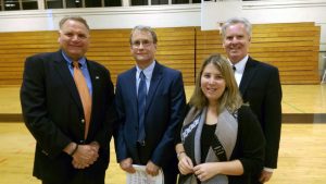 Participating at the Hicksville Downtown Revitalization meeting were, from left: Town of Oyster Bay (TOB) Councilman Anthony D. Macagnone; John Ellsworth, Director of Planning and Environmental Services for Cashin, Spinelli, & Ferretti; TOB Councilwoman Rebecca M. Alesia; and TOB Deputy Commissioner of the Department of Economic Development James McCaffrey.