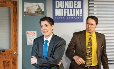 Sarah Mackenzie Baron as Michael Scott and Michael Santora as Dwight in The Office A Parody Musical