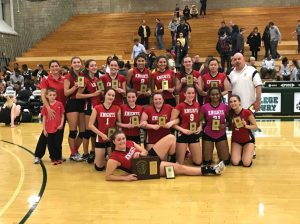 Floral Park Memorial’s Girls varsity volleyball team are Nassau County champions. (Photo courtesy of the Sewanhaka Central High School District)