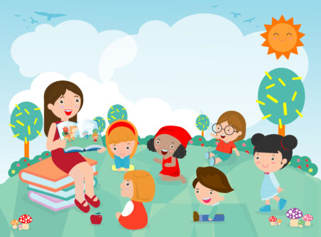 Teacher telling a story to nursery children in the garden, cute Kids Listening to Their teacher Tell a Story, teacher reading books for child in the kindergarten. Vector Illustration