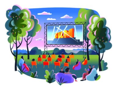 Outdoor cinema, open air movie night. Screen with film outdoor theatre vector illustration. Happy people sitting on chairs in park. City entertainment event on summer night