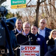 Hempstead Town Supervisor speaking against congestion pricing at a press conference