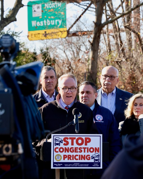 Hempstead Town Supervisor speaking against congestion pricing at a press conference