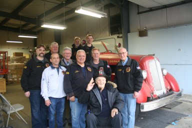 Members of the Hicksville Fire Department: left to right, Lieutenant Jo Bodnar, Ex Captain Jeff Scelzi, Honorary Chief Jerry Nolan, Ex Chief Owen Magee, Ex Chief Karl Schweitzer, Ex Captain Charley Hearon, Honorary Chief Charles DiStefano, Firefighter Neil Bickar, Captain Robert Niemczyk Jr and Firefighter Clifford Doering (seated)