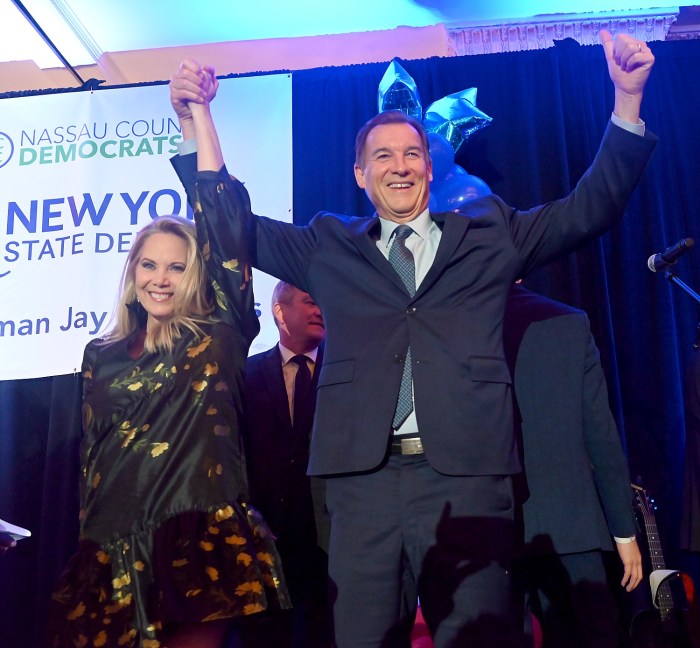 Laura Gillen and Tome Suozzi celebrate being elected to the House of Representatives on election night