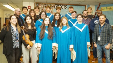 NYSSMA All-State Festival participants with their music instructors, Principal Dr. Heather Dvorak, and Director of Music & Performing Arts Michael Rodgers.