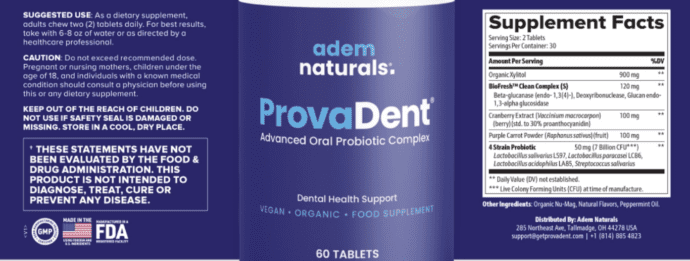 Provadent Supplement Label