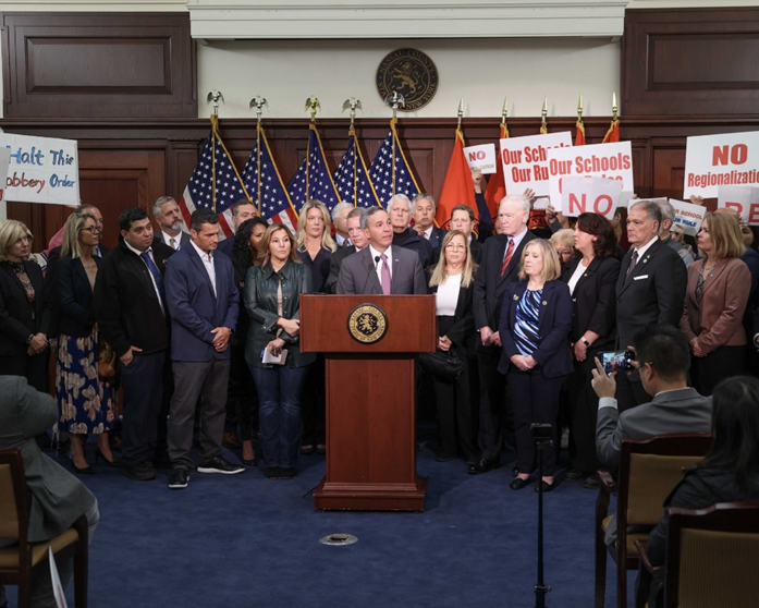 State Sen. Jack Martins speaks at a rally in opposition to New York State Department of Education's Regionalization plan