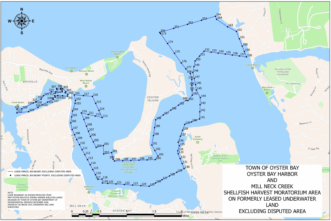 The Town of Oyster Bay implemented a temporary shellfish moratorium on 1,850 acres of the harbor after its 30-year lease to Frank M. Flowers & Sons