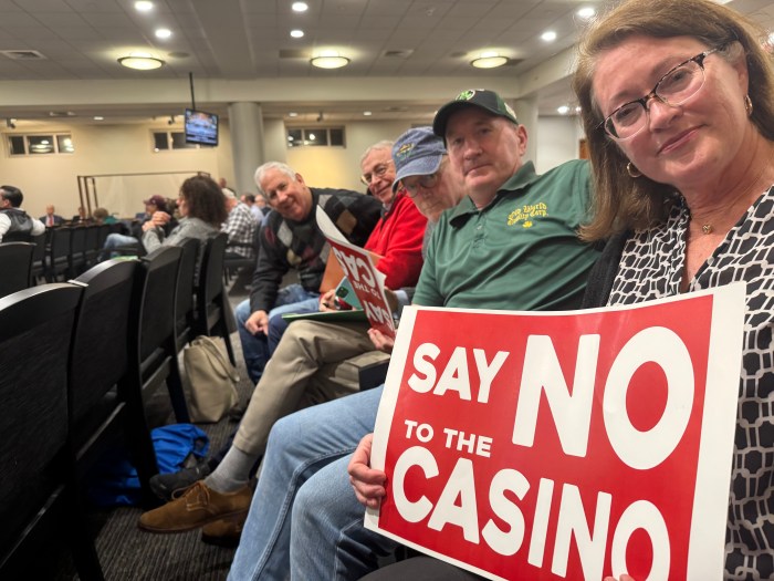 Village of Garden City trustee Bruce Chester, Say No to the Casino member Richard Williams, Trustee Ed Finneran, Trustee Vinny Muldoon, and Mayor Mary Carter Flanagan joined to oppose the Sands casino.