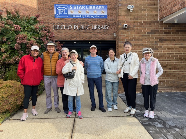 The Jericho Library adult walking club meets outside the library every Tuesday