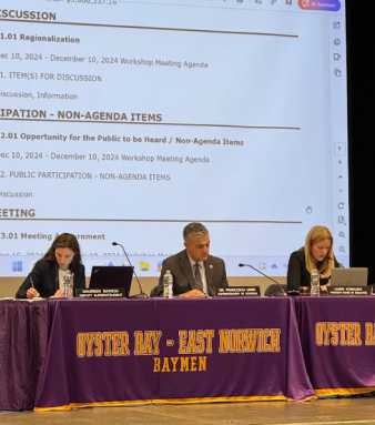 From left to right, Deputy Superintendent Maureen Raynor, Superintendent Francesco Ianni, Board President Laurie Kowalsky at the Dec. 10 Oyster Bay-East Norwich Board of Education meeting