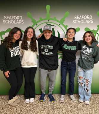 Seaford High School sophomores, from left, Calleigh Harten, Sydney McEntee, Michael Gagliano, Jamie Klein and Hannah Gerace were selected to attend the 2025 HOBY leadership conference.