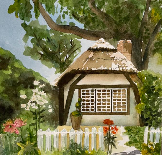 Tina Duque's watercolor painting of the English Cottage at Planting Fields is on display at the Locust Valley library until Dec. 31