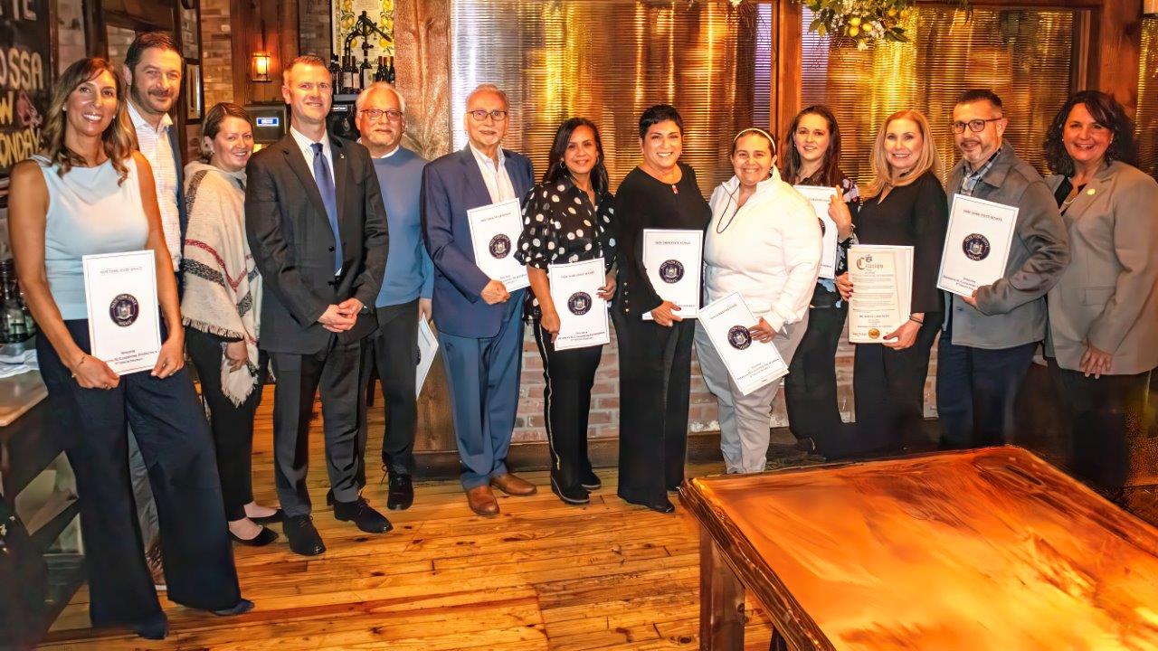 (L-R) Malverne Chamber of Commerce President Elizabeth Krull, Malverne Village Trustees Carl Prizzi and Lori Lang, Malverne Mayor Tim Sullivan, Chamber Trustees LeonSanchez, Jack Sorrentino and Dr. Evelyn Heredia Chamber Chairwoman, Maria Casini, Chamber Trustee Victoria Tiso, Recording Secretary Stephanie Fitzpatric, Chamber Treasurer Dr. Maria Casvikes, Chamber Social Media Lead Benny Montalbano and State Senator Patricia Canzonari Fitzpatrick.