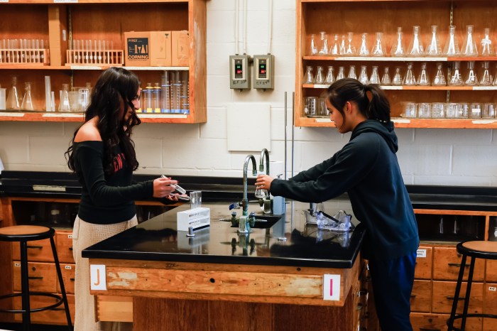 Glen Cove High School chemistry students participate in class activities at lab tables