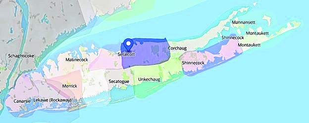 Setalcott tribal territories shown shaded, with a marker showing Stony Brook University located in Setalcott territory.