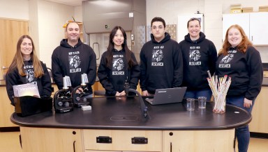 Pictured left to right, North High School research teachers Maya Lerner and Christopher Bambino, Regeneron STS Scholars Emma Wen and Johnathan Ahdout, senior research teacher/advisor/science department chair Jessica York, and research teacher Alison Widawsky