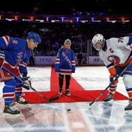 Ryan Scarry performing the ceremonial puck drop at the New York Rangers vs. New York Islanders Alumni Classic.