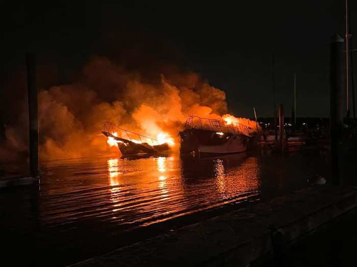 A fire blazed in Port Washington's Manhasset Bay Marina during the early hours of Jan. 22