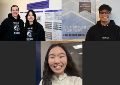 Pictured clockwise from top left, Regeneron finalists Emma Lee Wen of Great Neck North High School, Sandeep Sawhney of Herricks High School and Melody Hong of MacArthur High School in Levittown